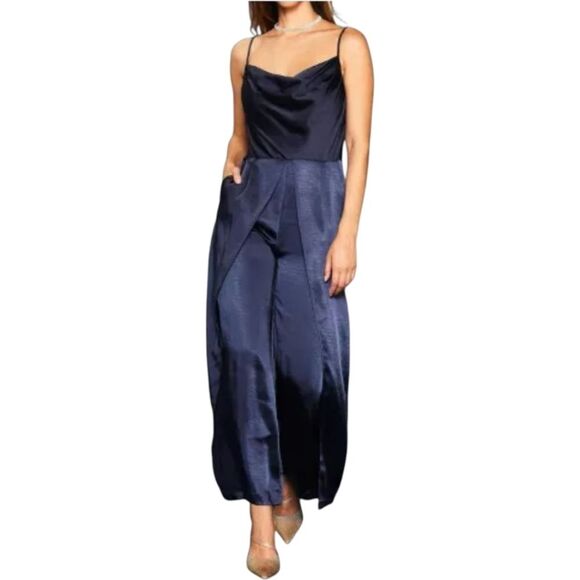 Skies Are Blue Pants - Skies Are Blue Nwt Women's Cowl Neck Navy Blur Satin Jumpsuit Size MEDIUM